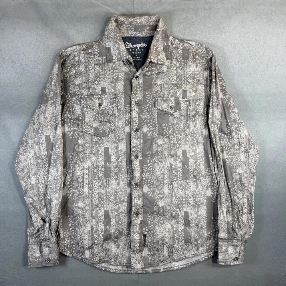 Wrangler Retro Shirt Mens Large Gray Paisley Button Up Cowboy Western Rodeo
